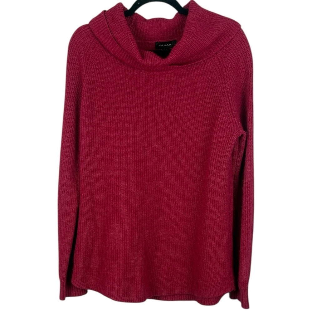 Tahari Merino Wool Cotton Blend Hot Pink Cowl Neck Long Sleeve Knit Sweater